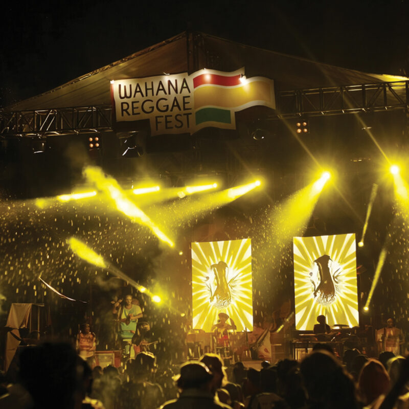Suasana Wahana Reggae Festival di Medan dengan panggung musik, penonton ramai, dan penampilan musisi reggae internasional dan lokal